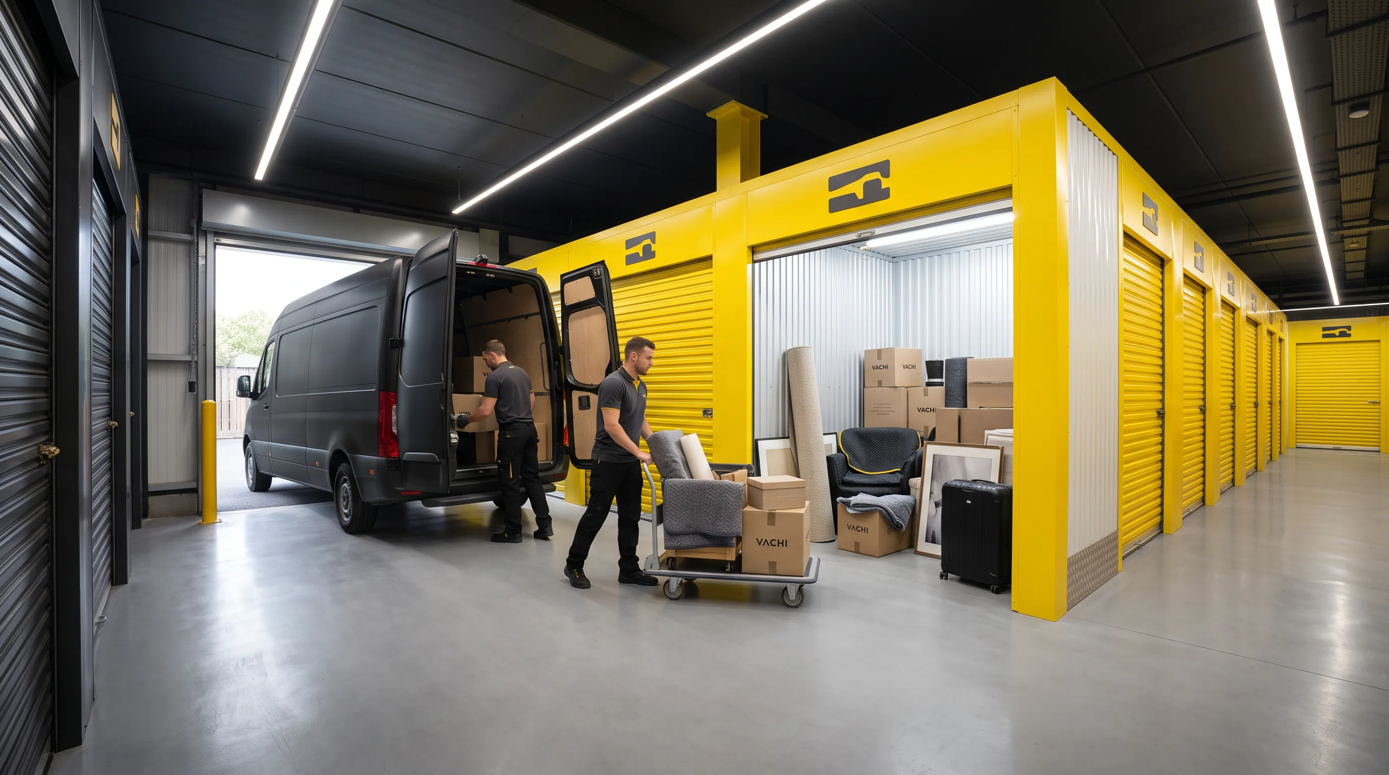 Vachi movers unloading a van beside an open storage room and yellow roller-shutter units